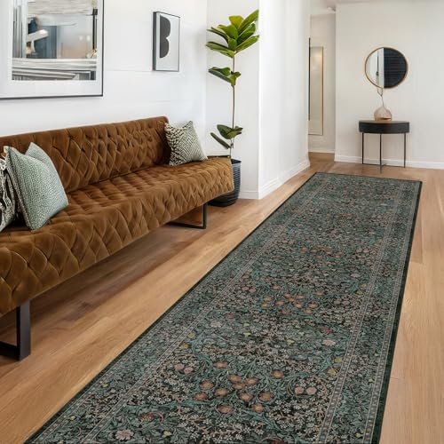 Dark Green Washable 3x12 Extra Long Runner Rug for Hallway Non Slip (Dark Green / Black / 3' x 12' (Runner))
