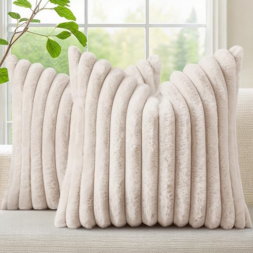 Fall Faux Fur Throw Pillow Covers 16x16 Set of 2 Beige (Beige / 16" x 16" (Pack of 2))