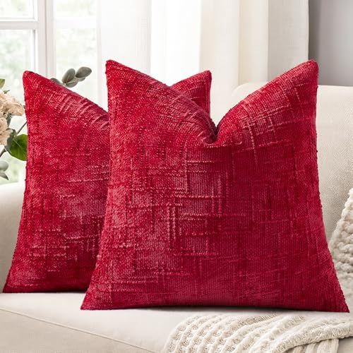 Textured Chenille Throw Pillow Covers 18x18 Set of 2 Red (Christmas Red / 18" x 18" (Pack of 2))