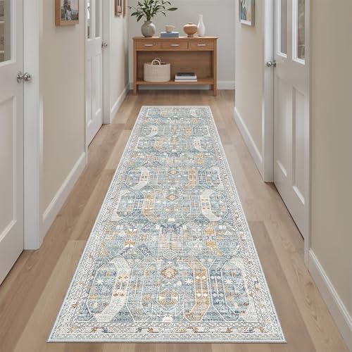 Hallway Runner Rug 2x8 Washable Kitchen Rugs Non (Blue/Gold / 2' x 8' (Runner))
