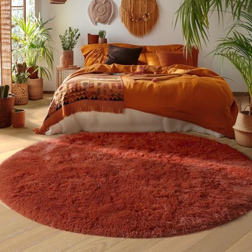 Terracotta Large Furry Round Rug 6Ft for Living Room Kids Bedroom (Terracotta / 6' (Round))
