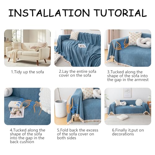 Couch Slipcover Dog Sofa Covers Boho Couch Cover for Dogs Blue Sofa Throw Cover Bohemian Sofa Covers for 3 Cushion Couch Herringbone Sectional Couch Cover Slipcovers for Sofas (71" x 118" / Tassel Ball: Blue)