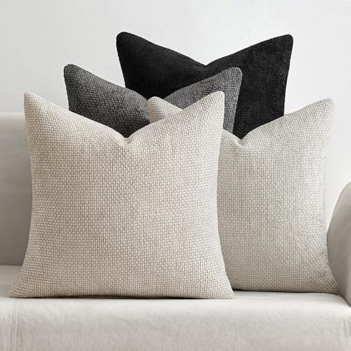 Soft Decorative Chenille Pillow Covers Cream Grey 16x16 Pack of 4 (16" x 16" (Pack of 4) / Neutral Cream/Grey)
