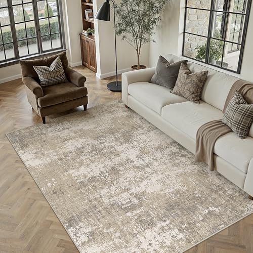 Beige Brown Area Rug 5x7 Modern Abstract (Abstract Beige Brown / 5' x 7' (Rectangular))