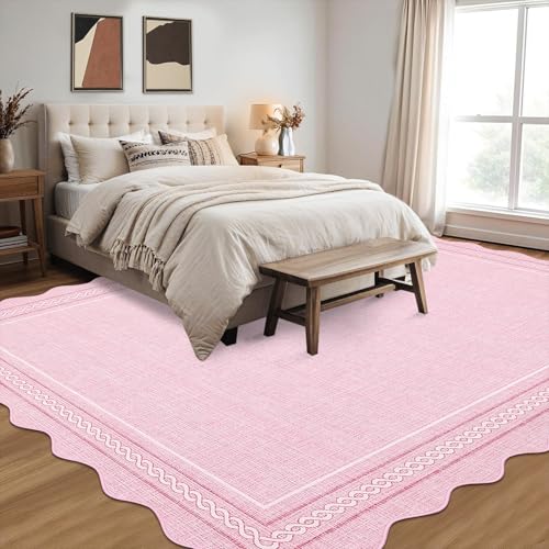 Scalloped Washable Pink Rugs for Bedroom Grils 5x7 Non Slip (Pink / 5' x 7' (Rectangular))