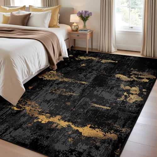 Washable 4'x6' Abstract Area Rug for Living Room Black Gold (Black/Gold / 4' x 6' (Rectangular))