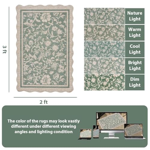 Scalloped Easy Jute 2x3 Area Rug Vintage Green Floral Doormat (3' x 2' (Rectangular) / Green)
