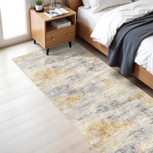 3x7 Runner Rug Washable Abstract (Grey/Yellow / 3' x 7')