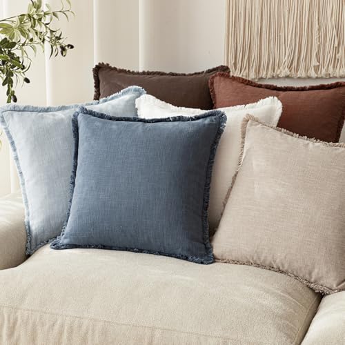 Decorative Linen Fringe Throw Pillow Covers 18×18 Inch (18" x 18" (Pack of 2) / Blue Ashes)
