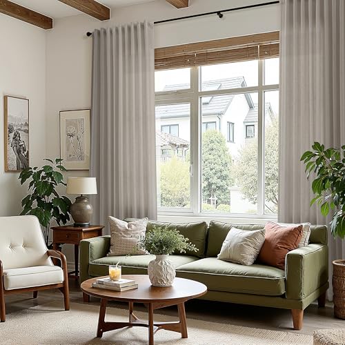 108 Inch Long Curtains for Living Room Grey Beige Linen Simple Modern Light Filtering Semi Sheer Curtain Back Tab Boho Neutral Gray Floor to Ceiling High Window for Bedroom 52x108 (52"W x 108"L (Pack of 2) / Grey Beige)