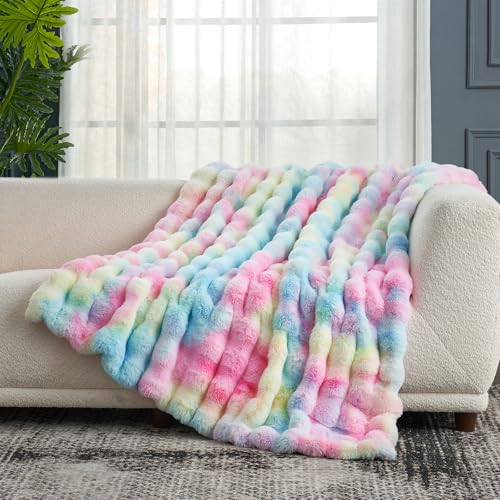 Faux Fur Throw Blanket for Couch (Tie-dye Rainbow / Throw(50" x 60"))