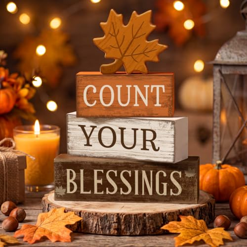 4 Pcs Fall Table Decoration Rustic Maple Leaf Stacked Wooden Blocks (Count Your Blessings)