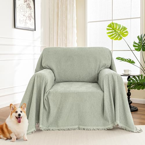 Oversized Armchair Couch Cover for 1 Cushion Couch (71" x 91" / Tassels Edge-sage)