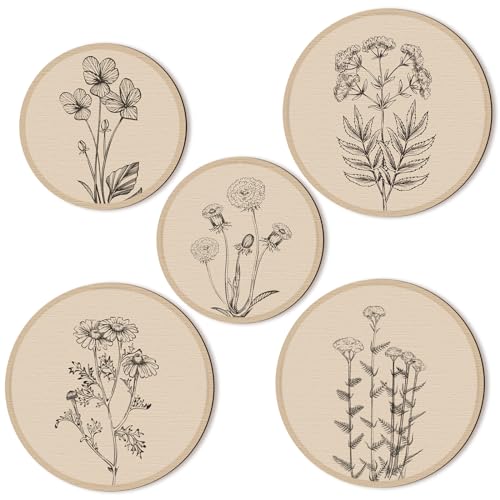 5 Pcs Boho Wall Decor Wood Circle Wall Art Set (Floral)