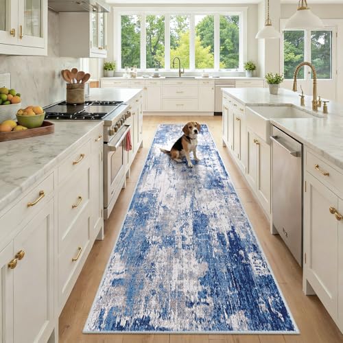 Washable Runner 2'6"x10' Abstract Area Rug for Hallway Blue Gray (Blue/Gray / 2'6" x 10' (Runner))