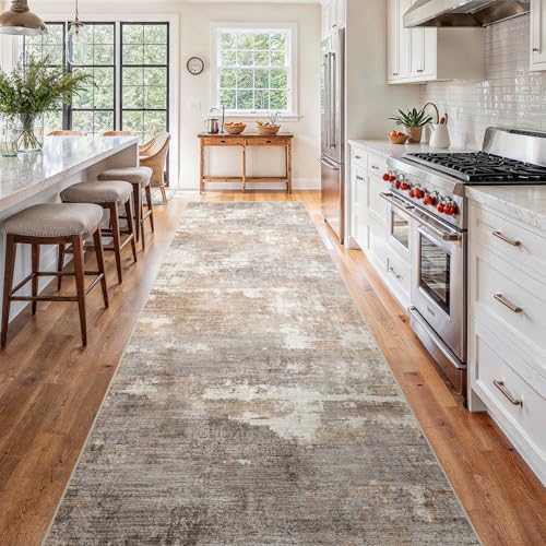 4x12 Runner Rug Washable Abstract (Brown/Brick / 4' x 12')