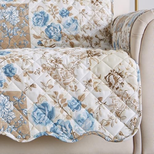 Reversible Floral Patchwork Recliner Furniture Protector (Recliner / Taupe / Blue)