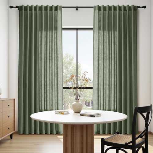 Olive Green Linen Sheer Curtains 96 Inches Long 2 Panel Set Back Tab Rod Pocket Semi Sheer Light Filtering Breathability Elegance Modern Design for Bathroom Living Room 60x96 (60"W x 96"L (Pack of 2) / Loden)