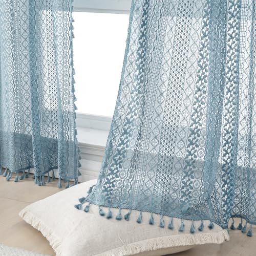 Boho Lace Curtains 63 Inches 2 Panel (59"W x 63"L (Pack of 2) / Light Slate Blue)