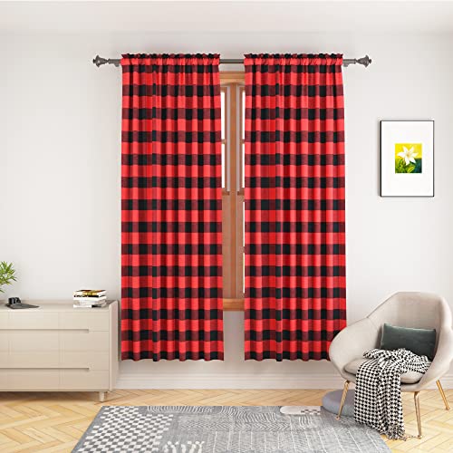 Buffalo Check Window Curtains 72 inches Long Living Room Cotton Curtain Panels Bedroom Plaid Gingham Farmhouse Decor Curtains Rod Pocket Kitchen Bathroom Basement 2 Panels Red Black 52"x72" (52"W x 72"L (Pack of 2) / Red+black)