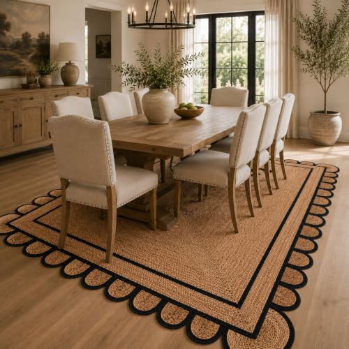 Scalloped Natural Jute Area Rug 12x18 Ft (Black / 12' x 18' (Rectangular))