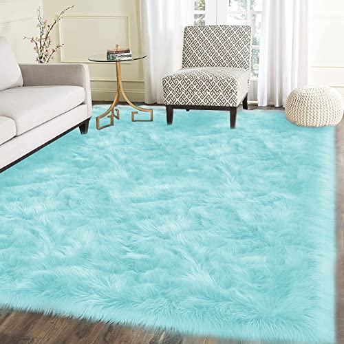 Light Blue Area Rug 6x9 Faux Fur Teal Rugs for Living Room Washable Shag Fluffy Rugs for Bedroom Dorm Fuzzy Soft Rug Home Decor Rectangle (6' x 9' (Rectangular) / Light Blue)
