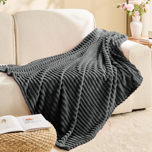 3D Ribbed Charcoal Grey Fleece Throw Blanket for Couch (Charcoal Grey / Throw(50"x60"))