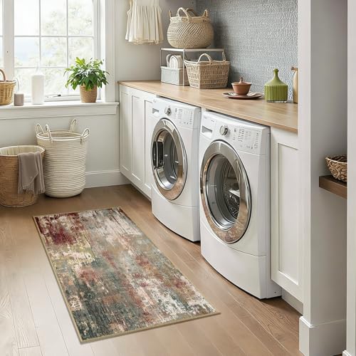 Washable 2'x4' Abstract Area Rug for Living Room Rustic Brown (Rust Red/Green/Blue/Multi / 2' x 4' (Rectangular))