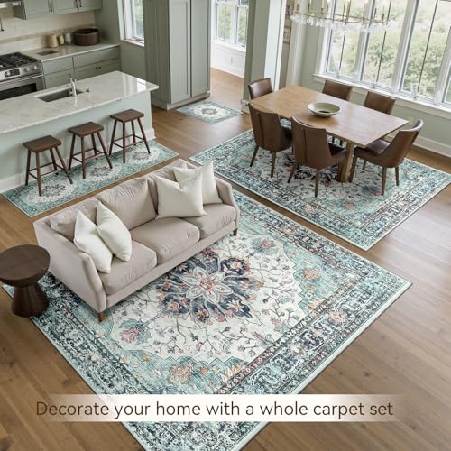 Washable Area Rug (Teal Green/White/Navy / 5' x 7' (Rectangular))