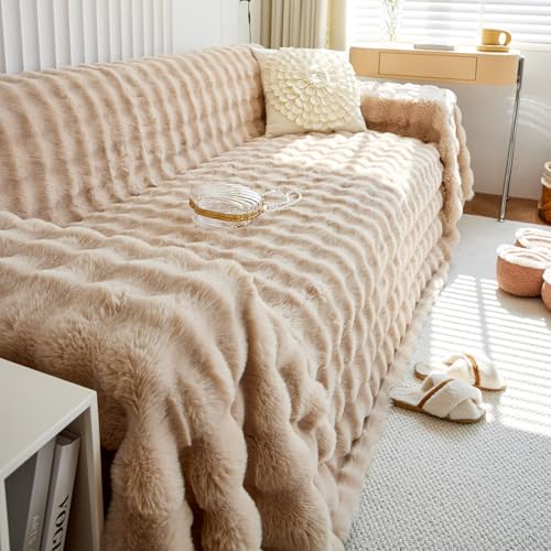 Plush Sofa Slipcovers Washable Couch Cover for Sofa Super Soft Faux Fur Sofa Covers for 3 Couch Cousion Soild Khaki Rabbit Plush Couch Cushion Covers for Kids Pets (71" x 150" / Z-plush:khaki)