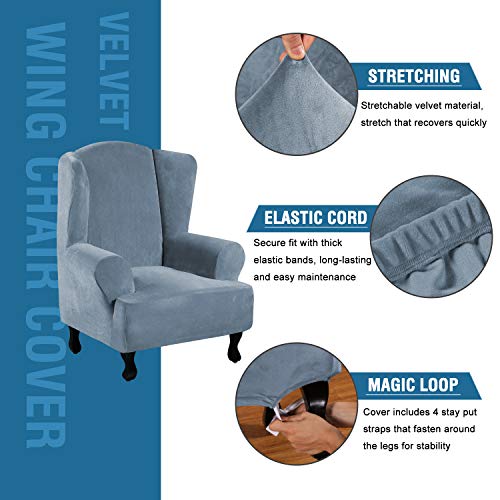 Wingback Chair Covers Velvet Plush Wing Chair Slipcover 1 Piece High Stretch Wing Back Chair Slipcovers Sofa Cover Furniture Cover with Elastic Bottom (Stone Blue / Wing Chair)