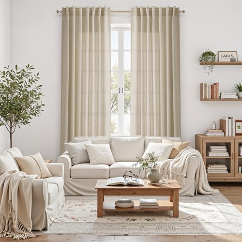 Eggshell Beige Linen Curtains for Living Room 126 Inches Long Light Filtering Semi Sheer Curtain Back Tab Rustic Farmhouse Decor Drapes Floor to Ceiling High Window for Bedroom 52x126 (52"W x 126"L (Pack of 2) / Eggshell Beige)