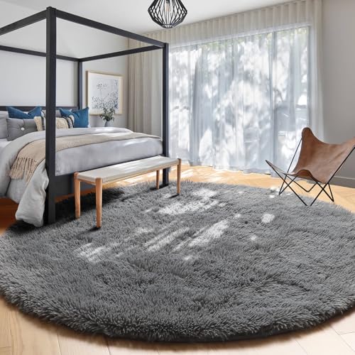 Grey Furry Big Round Area Rug 6Ft for Living Room Bedroom Playroom (Grey / 6' (Round))