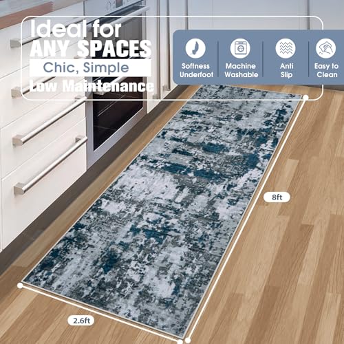 Runner Rugs for Hallways Kitchen 2.6x8 Non Slip Washable Navy Grey (Navy/Grey / 2'6" x 8' (Rectangular))