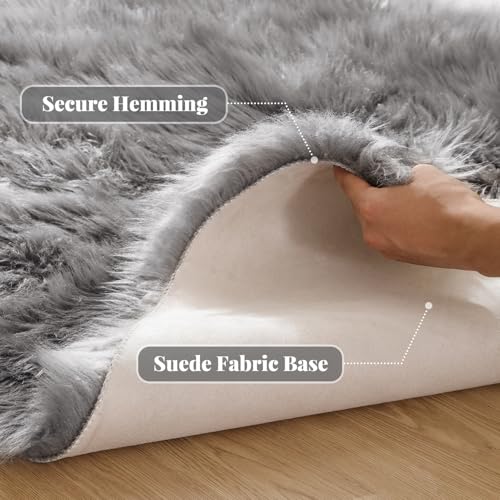 Light Grey Furry Washable Sheepskin Fur Area Rugs for Living Room Faux Fluffy Fur Rug for Bedroom Nursery Rug 4x6 Rectangle Rugs (4' x 6' (Rectangular) / Silver Grey)