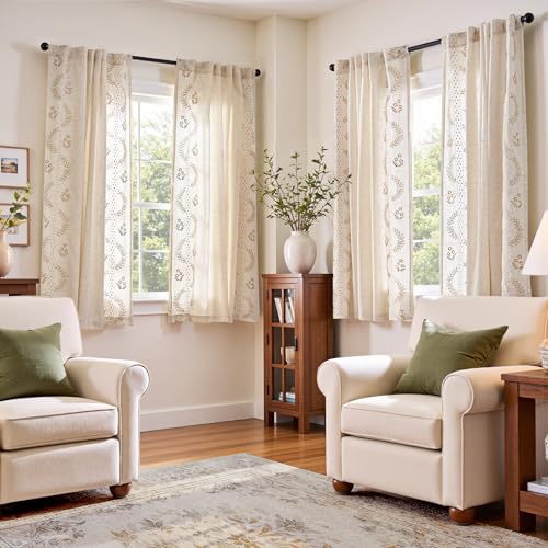 Floral Lined Linen Curtains 63 Inch Farmhouse Back Tab 2 Panels (Beige / 50"W x 63"L (Pack of 2))