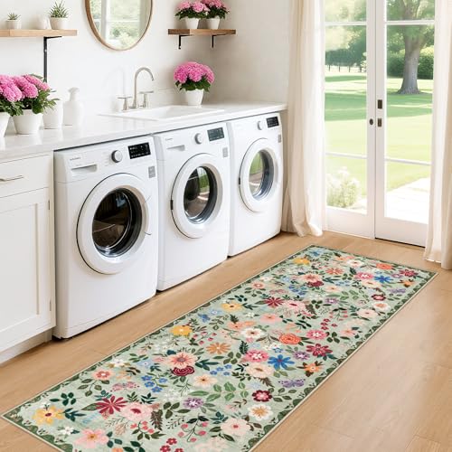 2x6 Washable Runner Rug：Floral Indoor Kitchen Soft Carpet Green (Green / 2' x 6' (Runner))