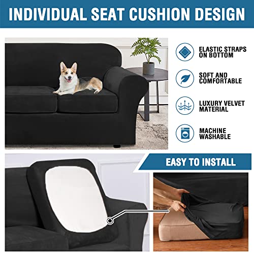 Real Velvet Plush 3 Piece Stretch Sofa Covers Couch Covers for 2 Cushion Couch Sofa Slipcovers Width Up to 90 Inch Feature Thick Soft Stay in Place (2 Cushion Sofa / Jet Black)