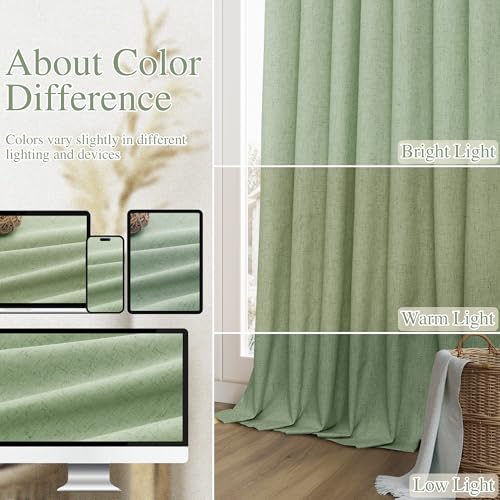100% Blackout Linen Curtains 102 Inch Length 2 Panels Set for Living Room Bedroom Back Tab Thermal Insulated Black Out Linen Drapes Room Darkening Window Curtains (Light Sage / 52"W x 102"L (Pack of 2))