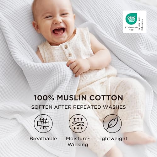 100% Cotton Muslin Blanket Queen Size for Bed (04 - White / Queen (90" X 90"))