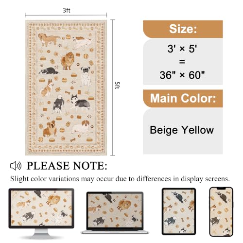 3x5 Rug Washable Dog Bedroom Area Rug Soft Non Slip (Beige Yellow (Dog) / 3' x 5' (Rectangular))