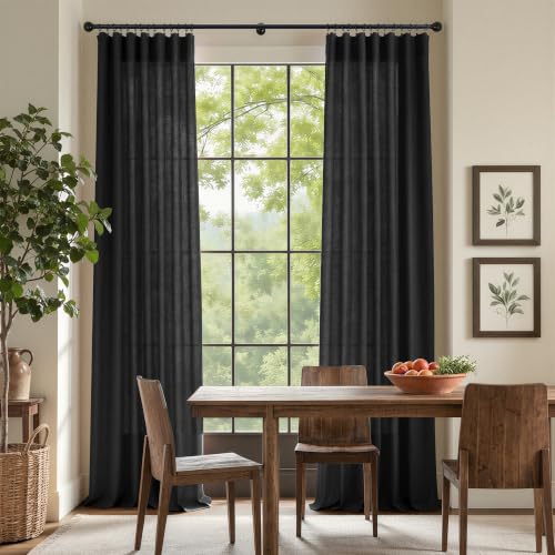 Black Linen Curtains 84 Inch Length for Living Room 2 Panel Back Tab Pocket Muslin Light Filtering Semi Privacy Thick Sheer Floor Length Curtain for Mens Bedroom Man Cave Modern Farmhouse Gothic Decor (52"W x 84"L (Pack of 2) / Black)