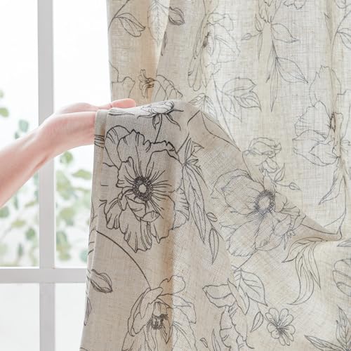Linen Floral Curtains for Living Room 84 Inch Length Grey Flower Curtain Rod Pocket Back Tab Farmhouse Curtains with Printed Floral Bedroom Window Curtain Set (Penny Grey on Ecru / 50"W x 84"L (Pack of 2))