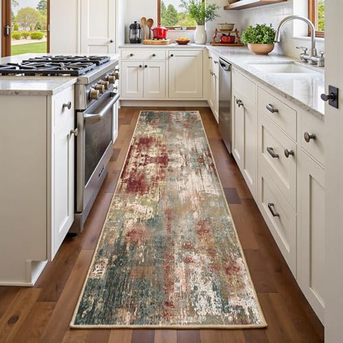 Washable Runner 2'x6' Abstract Area Rug for Hallway Rustic Brown (Rust Red/Green/Blue/Multi / 2' x 6' (Runner))