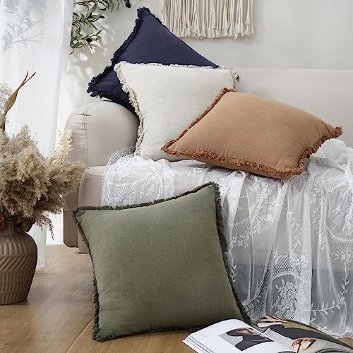 Decorative Linen Fringe Throw Pillow Covers 20×20 Olive Green (20" x 20" (Pack of 2) / Olive Green)