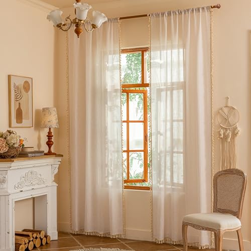 90 Inch Boho Cream Semi Sheer Curtains Light Filtering Back Tab Drapes for Living Room Sliding Door & Patio Privacy Protect Farmhouse Country Decor (Z-natrual / 50"W x 90"L (Pack of 2))