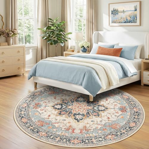 Washable Area Rug (Beige/Blue/Orange / 8' (Round))
