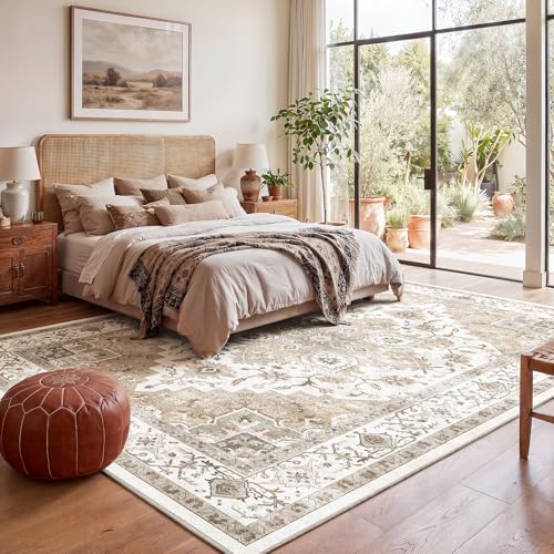 Amada Large 9x12 Washable Area Rug for Living Room (9' x 12' (Rectangular) / Distressed Beige/Cream)