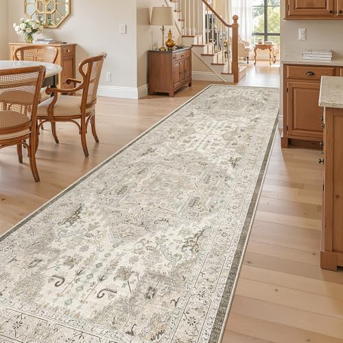 Hallway Runner Rug 3x10 Washable Kitchen Runners 10ft (Ivory/Brown / 3' x 10' (Runner))