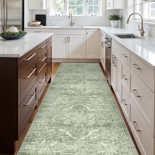 4x10 Washable Hallway Runner Rug (Muted Sage Green / 4x10)